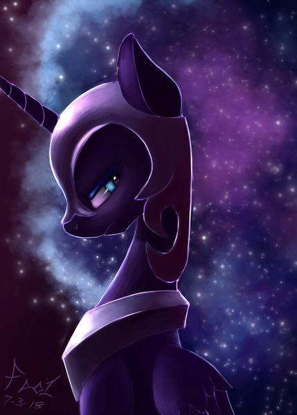 Size: 2400x3360 | Tagged: safe, artist:foughtdragon01, derpibooru import, nightmare moon, alicorn, pony, female, flowing mane, helmet, high res, looking back, mare, regalia, signature, slit eyes, speedpaint available