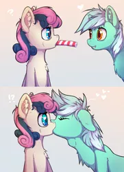 Size: 4000x5530 | Tagged: safe, artist:senaelik, derpibooru import, bon bon, lyra heartstrings, sweetie drops, ponified, earth pony, pony, unicorn, adorabon, candy, candy cane, chest fluff, comic, cute, deepthroat, description is relevant, drawthread, eating, eyes closed, female, food, heart, heart eyes, kissing, lesbian, lyrabetes, lyrabon, request, requested art, shipping, stealing, surprise kiss, surprised, throat bulge, wingding eyes