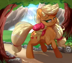 Size: 3200x2800 | Tagged: safe, artist:madacon, derpibooru import, apple bloom, applejack, earth pony, pony, adorabloom, carrying, chest fluff, crepuscular rays, cute, daaaaaaaaaaaw, dappled sunlight, eyes closed, female, filly, grass, looking over shoulder, mare, pathway, ponies riding ponies, resting, scenery, siblings, sisterly love, sisters, sleeping, smiling, sunshine, tree, water, waterfall