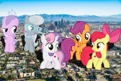 Size: 4048x2700 | Tagged: safe, artist:aethon056, artist:auskeldeo, artist:lumorn, derpibooru import, apple bloom, diamond tiara, scootaloo, silver spoon, sweetie belle, earth pony, pegasus, pony, unicorn, california, cutie mark crusaders, filly, giant pony, highrise ponies, irl, los angeles, macro, photo, ponies in real life, united states