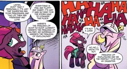 Size: 1265x688 | Tagged: source needed, useless source url, safe, artist:andypriceart, derpibooru import, idw, princess cadance, tempest shadow, alicorn, pony, unicorn, spoiler:comic, spoiler:comic67, armor, broken horn, cadance laughs at your misery, comic, cropped, disgusted, eye scar, female, hoof shoes, implied flurry heart, laughing, mare, meme, mother of the year, official comic, pretty pretty tempest, raised hoof, scar, speech bubble, tomboy, tongue out, villain has a point