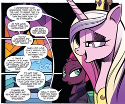 Size: 1226x1013 | Tagged: safe, artist:andypriceart, derpibooru import, idw, princess cadance, tempest shadow, alicorn, pony, unicorn, spoiler:comic, spoiler:comic67, armor, broken horn, cropped, duo, eye scar, female, mare, official comic, princess of love, scar, speech bubble, stained glass, text, wall of text