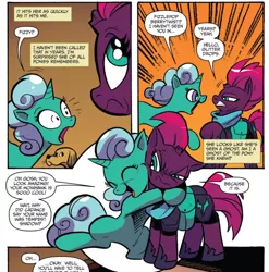 Size: 1208x1224 | Tagged: safe, artist:andypriceart, derpibooru import, idw, fizzlepop berrytwist, glitter drops, tempest shadow, dog, pony, unicorn, spoiler:comic, spoiler:comic67, annoyed, armor, broken horn, comic, cropped, duo, eye scar, female, hoof shoes, hug, mare, not amused face, official comic, reunion, scar, shipping fuel, speech bubble, surprised, tempest shadow is not amused, tsundere, unamused