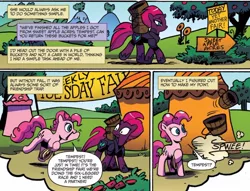 Size: 1262x965 | Tagged: safe, artist:andypriceart, derpibooru import, idw, pinkie pie, tempest shadow, earth pony, pony, unicorn, spoiler:comic, spoiler:comic67, armor, broken horn, comic, cropped, duo, eye scar, female, hoof shoes, mare, official comic, rope, running away, scar, speech bubble