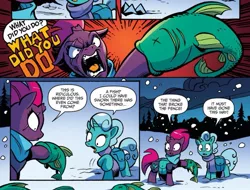 Size: 1257x953 | Tagged: safe, artist:andypriceart, derpibooru import, idw, glitter drops, tempest shadow, fish, pony, unicorn, spoiler:comic, spoiler:comic67, actually salmon for once, angry, armor, broken horn, clothes, comic, cropped, dead, eye scar, faic, failed attempt at drama, female, mare, official comic, saddle bag, scar, scarf, speech bubble, x eyes, yelling