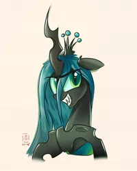 Size: 1271x1589 | Tagged: artist:wildetrashbag, changeling, crown, derpibooru import, female, grin, jewelry, mare, queen chrysalis, regalia, safe, simple background, smiling, solo