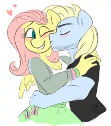 Size: 1664x1900 | Tagged: safe, artist:liziedoodle, derpibooru import, fluttershy, oc, oc:blank space, anthro, pegasus, blushing, breasts, canon x oc, cleavage, clothes, colored, colored sketch, female, heart, kissing, kiss on the cheek, male, mare, shipping, shy, sketch, smiling, stallion, tanktop, wings