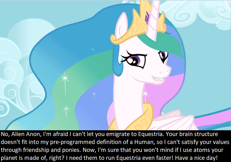 Size: 960x674 | Tagged: alicorn, alien, artificial intelligence, bronybait, caption, derpibooru import, edit, edited screencap, fanfic:friendship is optimal, female, image macro, keep calm and flutter on, mare, meta, nothing personal, oc, oc:celestai, out of character, princess celestia, racism, safe, screencap, smiling, solo, speciesism, text, this will end in death, this will not end well, trollestia