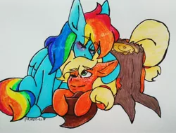 Size: 2911x2214 | Tagged: safe, artist:paula-li, derpibooru import, applejack, rainbow dash, fanfic, fanfic:stuck, appledash, butt, buttstuck, clopfic, fanfic art, female, hug, lesbian, shipping, stuck, traditional art, tree stump