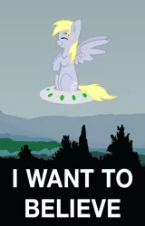 Size: 4482x7011 | Tagged: safe, artist:merik1337, artist:taika403, derpibooru import, derpy hooves, pegasus, pony, absurd resolution, i want to believe, parody, poster, seat, solo, ufo, vector, x-files
