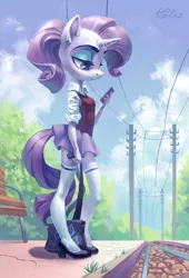 Size: 1771x2598 | Tagged: anthro, artist:holivi, beautiful, bench, bipedal, clothes, cute, derpibooru import, female, high heels, mobile phone, moe, phone, plantigrade anthro, railroad, rarity, redraw, safe, shoes, shoulder bag, skirt, skirt lift, socks, solo, thigh highs, waiting, younger, zettai ryouiki
