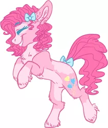 Size: 648x767 | Tagged: safe, artist:dashkatortik12222222, derpibooru import, pinkie pie, earth pony, pony, alternate design, bow, bowtie, chest fluff, eyes closed, female, hair bow, happy, mare, pale belly, raised hoof, rearing, simple background, smiling, solo, standing, standing on one leg, tail bow, unshorn fetlocks, white background