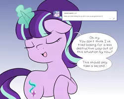 Size: 3000x2400 | Tagged: safe, derpibooru import, starlight glimmer, pony, unicorn, series:glimmering spectacle, ask, dialogue, eyes closed, glowing horn, solo, tumblr