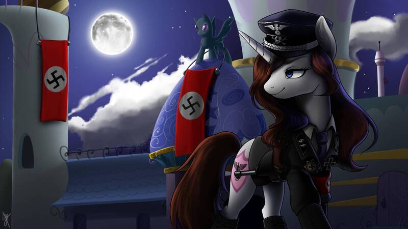 Size: 1920x1080 | Tagged: safe, artist:supermare, derpibooru import, oc, oc:elsa schneighder, unofficial characters only, eagle, pegasus, pony, unicorn, aryan pony, clothes, ear fluff, female, gun, hair over one eye, happy, luger, mare, moon, nazi, nazi armband, nazi flag, nazipone, night, signature, solo, swastika, uniform, weapon