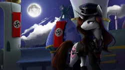 Size: 1920x1080 | Tagged: safe, artist:supermare, derpibooru import, oc, oc:elsa schneighder, unofficial characters only, eagle, pegasus, pony, unicorn, aryan pony, clothes, ear fluff, female, gun, hair over one eye, happy, luger, mare, moon, nazi, nazi armband, nazi flag, nazipone, night, signature, solo, swastika, uniform, weapon
