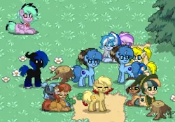 Size: 1427x997 | Tagged: safe, derpibooru import, oc, oc:meno, oc:mewio, unofficial characters only, pony, pony town, coonskin cap, dirt, flower, grass, nom, owo, tail bite, tree