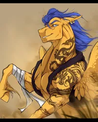 Size: 1200x1500 | Tagged: safe, artist:rossignolet, derpibooru import, flash sentry, pony, bandage, buff, clothes, flash hunktry, jacket, male, muscles, punk, solo, tattoo