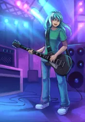 Size: 800x1140 | Tagged: artist:asimos, artist:lexx2dot0, artist:maytee, clothes, derpibooru import, electric guitar, fanfic, fanfic:anthropology, fanfic art, female, guitar, human, humanized, lyra heartstrings, open mouth, pants, safe, shirt, smiling, solo, stage