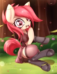 Size: 2967x3840 | Tagged: safe, alternate version, artist:an-m, derpibooru import, oc, oc:mayni, unofficial characters only, cyborg, earth pony, pony, amputee, blank flank, clothes, cute, dress, eye reflection, female, flower, forest, grass, legs, lingerie, looking at camera, mare, mechanical, open mouth, prosthetic limb, prosthetics, raised hoof, reflection, sitting, skirt, skirt lift, socks, solo, stockings, thigh highs, tongue out, tree, triple amputee, wind