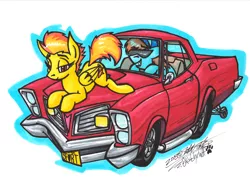 Size: 5351x3916 | Tagged: safe, artist:sketchywolf-13, derpibooru import, spitfire, oc, earth pony, pegasus, pony, car, commission, dat butt, eyes on the prize, female, male, mare, meme, pontiac gto, simple background, stallion, sunglasses, white background