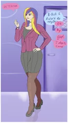 Size: 1685x3031 | Tagged: artist:annon, bracelet, clothes, derpibooru import, dialogue, door, ear piercing, earring, evil cadance, eyeshadow, female, high heels, human, humanized, jewelry, long nails, makeup, mirror universe, multicolored hair, pantyhose, piercing, pre-bimbo, princess cadance, purple eyes, purple hair, safe, shoes, skirt, solo