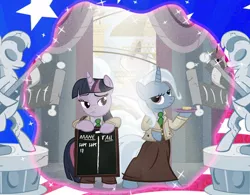 Size: 1000x780 | Tagged: alternate dimension, artist:pixelkitties, bioshock, bioshock infinite, bipedal, clothes, coin, columbia, derpibooru import, dress, lutece twins, plate, portal, safe, scoreboard, scroll, statue, tally marks, trixie, twilight sparkle