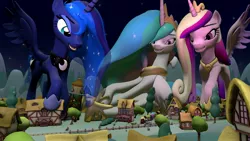 Size: 3000x1687 | Tagged: safe, artist:jeroen01, derpibooru import, princess cadance, princess celestia, princess luna, alicorn, pony, 3d, giant pony, giantlestia, looking at you, macro, mega cadance, mega celestia, mega luna, night, open mouth, ponyville, sitting