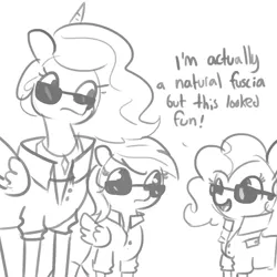 Size: 1650x1650 | Tagged: safe, artist:tjpones, derpibooru import, pinkie pie, princess celestia, rainbow dash, alicorn, earth pony, pegasus, pony, clothes, dialogue, disguise, female, grayscale, mare, monochrome, pinkie being pinkie, simple background, sunglasses, trenchcoat, trio, white background
