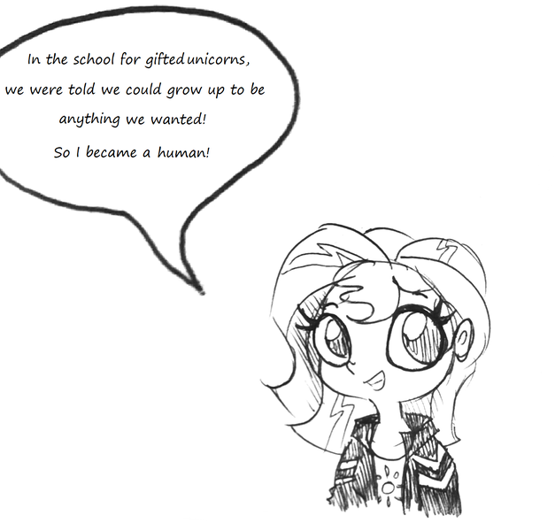 Size: 1414x1353 | Tagged: safe, artist:tjpones, derpibooru import, edit, editor:steel, sunset shimmer, human, equestria girls, black and white, bust, cute, dialogue, female, grayscale, monochrome, simple background, sketch, solo, speech bubble, text edit, they told me, traditional art, truth, white background