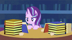 Size: 400x225 | Tagged: safe, artist:agrol, derpibooru import, starlight glimmer, unicorn, animated, book, female, gif, glowing horn, magic, mare, mouth writing, paper, pencil, solo, telekinesis