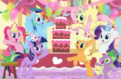 Size: 1107x721 | Tagged: applejack, artist:porygon2z, balloon, birthday, cake, confetti, derpibooru import, fluttershy, food, gummy, hat, mane seven, mane six, party, party hat, pinkie pie, rainbow dash, rarity, safe, spike, twilight sparkle