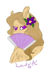 Size: 717x1043 | Tagged: safe, artist:kimyowolf, derpibooru import, oc, oc:kimmy, pegasus, pony, bust, female, flower, flower in hair, hand fan, mare, portrait, simple background, solo, transparent background