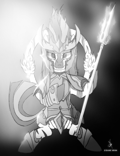 Size: 1268x1652 | Tagged: armor, artist:zidanemina, black and white, chrysaor, cloth, crossover, derpibooru import, fire, grayscale, monochrome, safe, saint seiya, scale, sitting, solo, spear, weapon, zebra, zecora