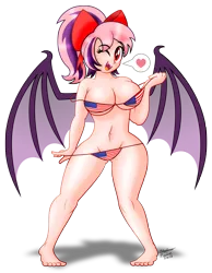 Size: 2970x3835 | Tagged: suggestive, artist:aleximusprime, derpibooru import, oc, oc:sweet velvet, unofficial characters only, bat pony, human, vampire, 4th of july, american flag, american flag bikini, american independence day, barefoot, bat girl, bat pony oc, bat wings, big breasts, bikini, bra, bra pull, breasts, cleavage, clothes, curvy, cute, fangs, feet, female, flag bikini, flirting, heart, holiday, humanized, independence day, looking at you, naughty, one eye closed, panties, panty pull, patriotic, patriotism, pictogram, seductive, sexy, simple background, solo, stripping, striptease, swimsuit, teeth, thunder thighs, transparent background, underwear, undressing, wide hips, wink
