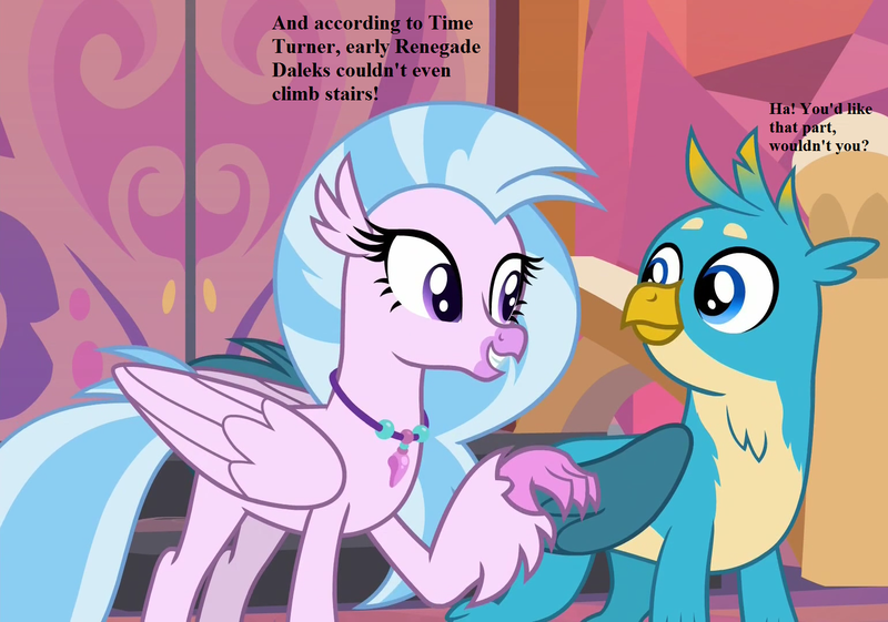 Size: 1539x1080 | Tagged: safe, derpibooru import, edit, edited screencap, screencap, gallus, silverstream, gryphon, non-compete clause, cropped, doctor who, implied doctor whooves, school of friendship, text