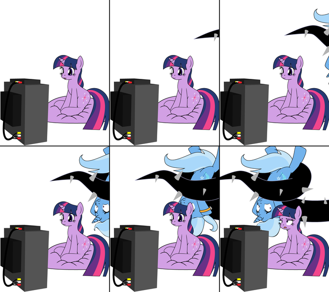 Size: 1808x1604 | Tagged: safe, artist:dekomaru, derpibooru import, edit, trixie, twilight sparkle, pony, unicorn, tumblr:ask twixie, ask, black vine, comic, female, lesbian, shipping, television, tumblr, twixie