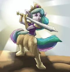 Size: 1584x1638 | Tagged: anthro, armor, artist:firefanatic, boots, clothes, crepuscular rays, crown, derpibooru import, dress, fighting stance, gloves, jewelry, ponytail, princess celestia, regalia, safe, shoes, solo, sword, warrior, warrior celestia, weapon
