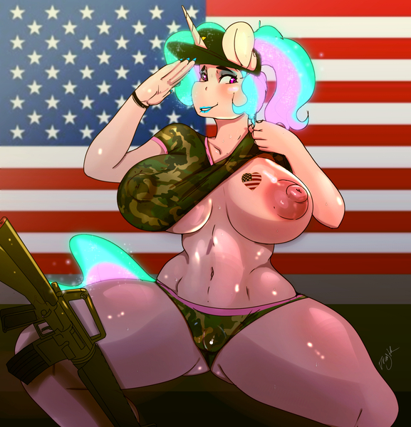 Size: 1950x2026 | Tagged: 4th of july, american flag, anthro, areola, armband, artist:dragk, assault rifle, belly button, big areola, big breasts, boob squish, breasts, busty princess celestia, cameltoe, camouflage, clothes, derpibooru import, erect nipples, female, flag, gun, hat, heart, holiday, horn, huge breasts, lip bite, lipstick, m16, m16a1, makeup, military, military uniform, nipple outline, nipples, nudity, panties, patriotic, patriotism, princess celestia, princess slutestia, puffy areolas, puffy nipples, questionable, rifle, salute, shirt, shirt lift, solo, sweat, tattoo, underboob, underwear, united states, weapon