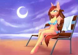 Size: 1024x723 | Tagged: safe, artist:scarlet-spectrum, derpibooru import, oc, oc:silver veil, unofficial characters only, anthro, bat pony, unguligrade anthro, anthro oc, bat pony oc, bat wings, beach, bench, bikini, breasts, cleavage, clothes, cloud, commission, crescent moon, digital art, ear fluff, female, fluffy, mare, moon, sand, shoulder fluff, sitting, sky, smiling, solo, swimsuit, transparent moon, watermark