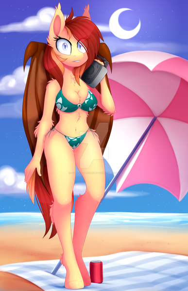 Size: 1024x1587 | Tagged: safe, artist:scarlet-spectrum, derpibooru import, oc, oc:silver veil, unofficial characters only, anthro, bat pony, unguligrade anthro, anthro oc, arm fluff, bat pony oc, bat wings, beach, bikini, boombox, breasts, chest fluff, cleavage, clothes, cloud, commission, crescent moon, digital art, ear fluff, eye clipping through hair, female, fluffy, hair over one eye, leg fluff, mare, moon, picnic blanket, sand, shoulder fluff, sky, soda, solo, surprised, swimsuit, transparent moon, umbrella, watermark, wide eyes