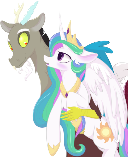 Size: 2000x2451 | Tagged: safe, artist:hirundoarvensis, derpibooru import, discord, princess celestia, alicorn, draconequus, pony, blushing, dislestia, female, high res, holding a pony, male, shipping, simple background, straight, transparent background