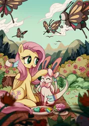 Size: 906x1280 | Tagged: safe, artist:foresterrr, derpibooru import, fluttershy, beautifly, bird, pegasus, pony, sylveon, bush, candy, clearing, cloud, crossover, cute, female, flower, flying, food, forest, happy, mare, mountain, open mouth, petting, picnic, plate, pokémon, scenery, sky, tree stump