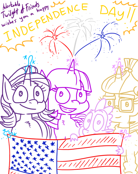 Size: 1280x1611 | Tagged: safe, artist:adorkabletwilightandfriends, derpibooru import, spike, starlight glimmer, twilight sparkle, twilight sparkle (alicorn), alicorn, dragon, pony, unicorn, 4th of july, adorkable, adorkable twilight, american flag, american independence day, cute, dork, fireworks, flag, holiday, independence day, patriotic, patriotism, united states