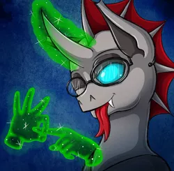 Size: 960x939 | Tagged: suggestive, artist:xexus, derpibooru import, oc, oc:cloudburst, changeling, abstract background, bust, changeling oc, curved horn, fangs, forked tongue, gesture, glasses, glowing horn, hand, magic, magic aura, magic hands, male, one eye closed, portrait, red changeling, solo, solo male, teasing, tongue out