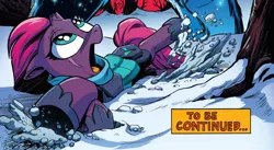 Size: 1006x550 | Tagged: safe, artist:andypriceart, derpibooru import, idw, fizzlepop berrytwist, tempest shadow, pony, unicorn, ursa minor, spoiler:comic, spoiler:comic67, backpack, cropped, eye scar, female, hoof shoes, looking up, mare, official comic, open mouth, scar, snow, solo, to be continued, tree