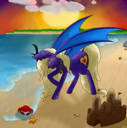 Size: 1490x1500 | Tagged: artist:midnightfire1222, beach, blushing, crab, demon pony, derpibooru import, oc, oc:aqua, ocean, safe, sandcastle, shells, solo, starfish, sunset