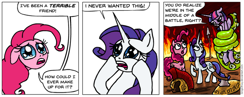 Size: 934x372 | Tagged: safe, artist:gingerfoxy, derpibooru import, pinkie pie, rarity, twilight sparkle, twilight sparkle (alicorn), alicorn, earth pony, pony, unicorn, pony comic generator, comic, dialogue, female, fire, floppy ears, helmet, mare, sad, shield, spear, speech bubble, teary eyes, tentacles, unamused, weapon