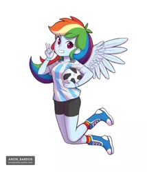 Size: 1759x2052 | Tagged: safe, artist:anon_bardos, derpibooru import, rainbow dash, equestria girls, argentina, ball, clothes, cute, female, football, grin, jumping, looking at you, peace sign, shoes, simple background, smiling, sneakers, solo, sports, teeth, white background, wings, world cup