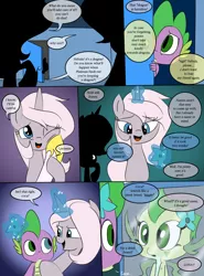 Size: 900x1214 | Tagged: safe, artist:emositecc, derpibooru import, princess celestia, princess luna, spike, oc, oc:coca, oc:nebula, alicorn, dragon, pony, unicorn, comic:empty halls, comic, dialogue, dream, female, heterochromia, levitation, magic, male, mare, offscreen character, reflection, silhouette, telekinesis