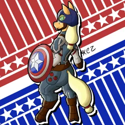 Size: 1024x1024 | Tagged: 4th of july, amerijack, applejack, artist:korencz11, captain america, captain equestria, crossover, derpibooru import, holiday, safe, shield, solo